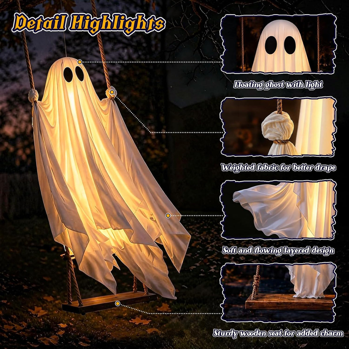 Halloween Decorations Outdoor, 4.3FT Hanging Swing Ghost Halloween Decor