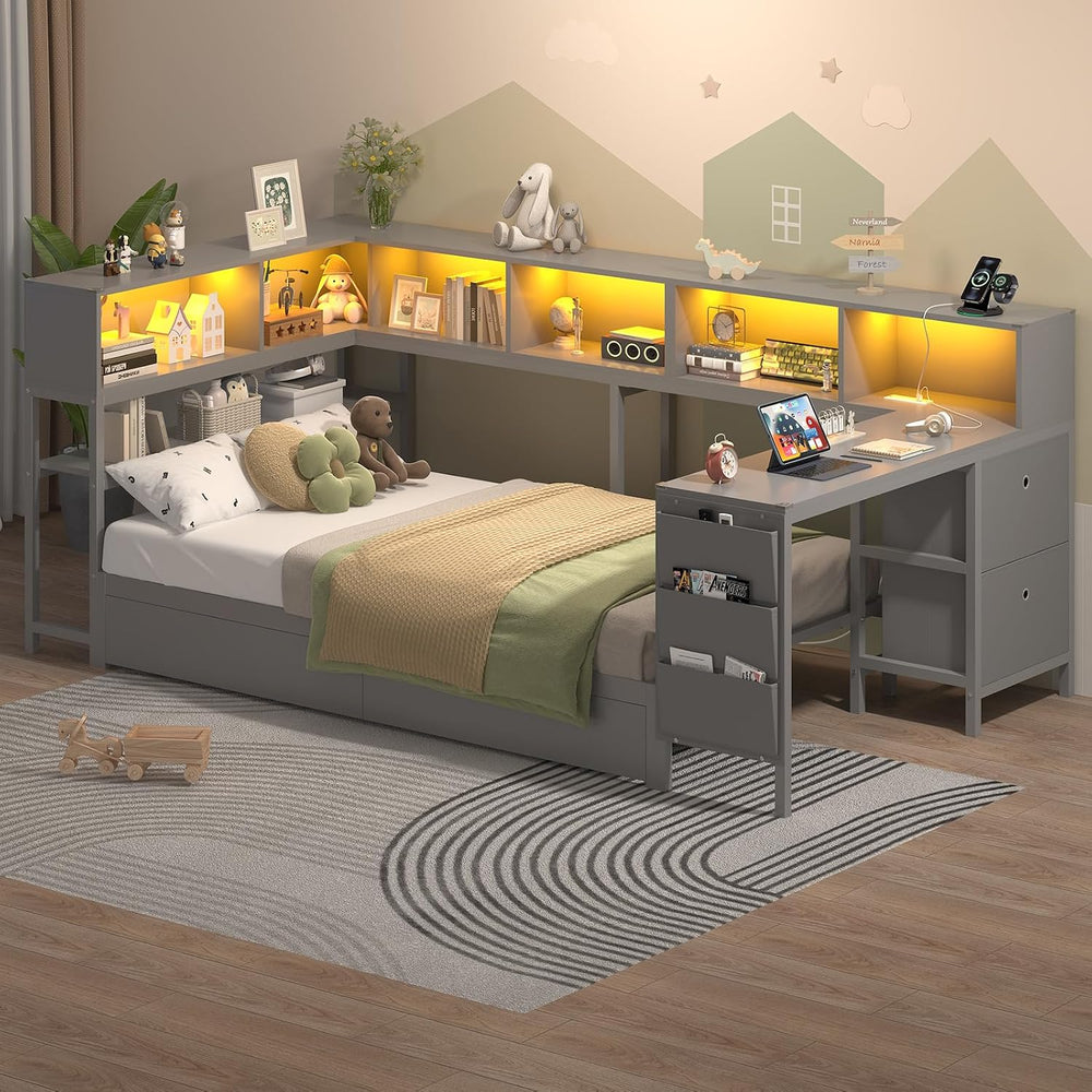 Hasuit Twin Corner Bed with Desk, Storage Bookcases, 2 Storage Drawers