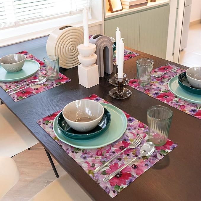 Watercolor Floral Placemats Set of 4, Seasonal Spring Multicolor Flower - Image 5