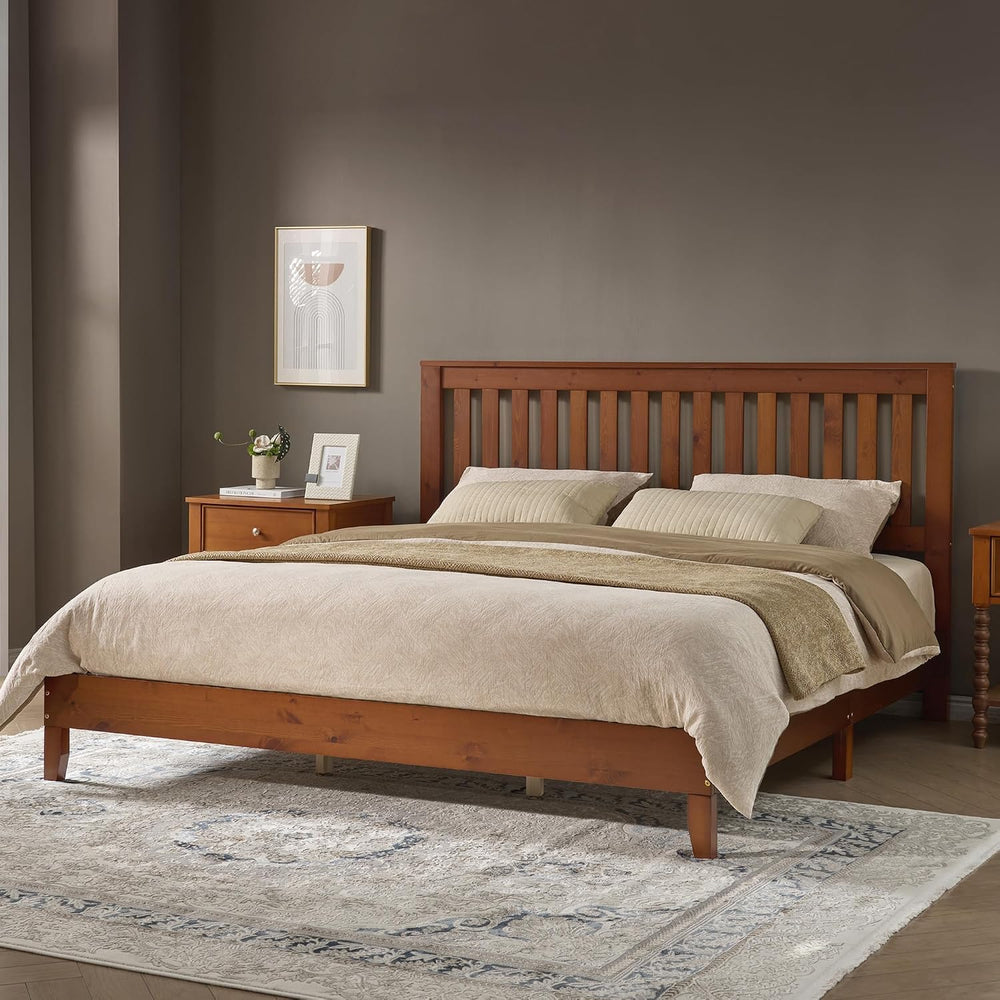 AMERLIFE Solid Wood King Size Bed Frame with 46" Headboard, Walnut