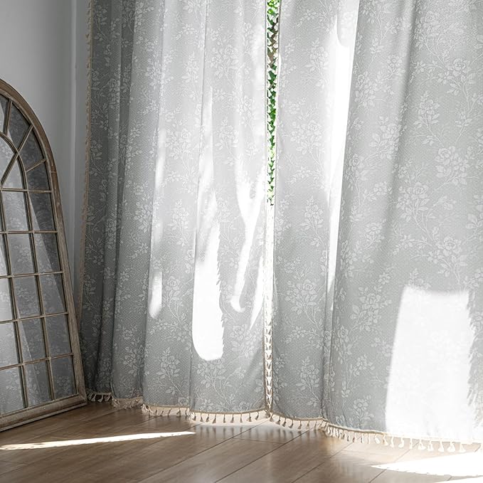 ENJOYBRIDAL Floral Curtains 96 Inches Long Grey Light Filtering Drapes Rod - Image 6