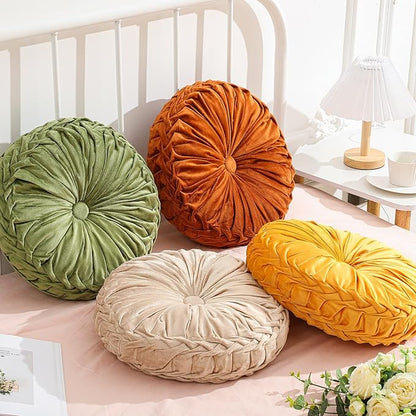4 Pcs Round Throw Pillows Decorative Velvet Pleated Throw Pillows 15'' Diameter by Drydiet