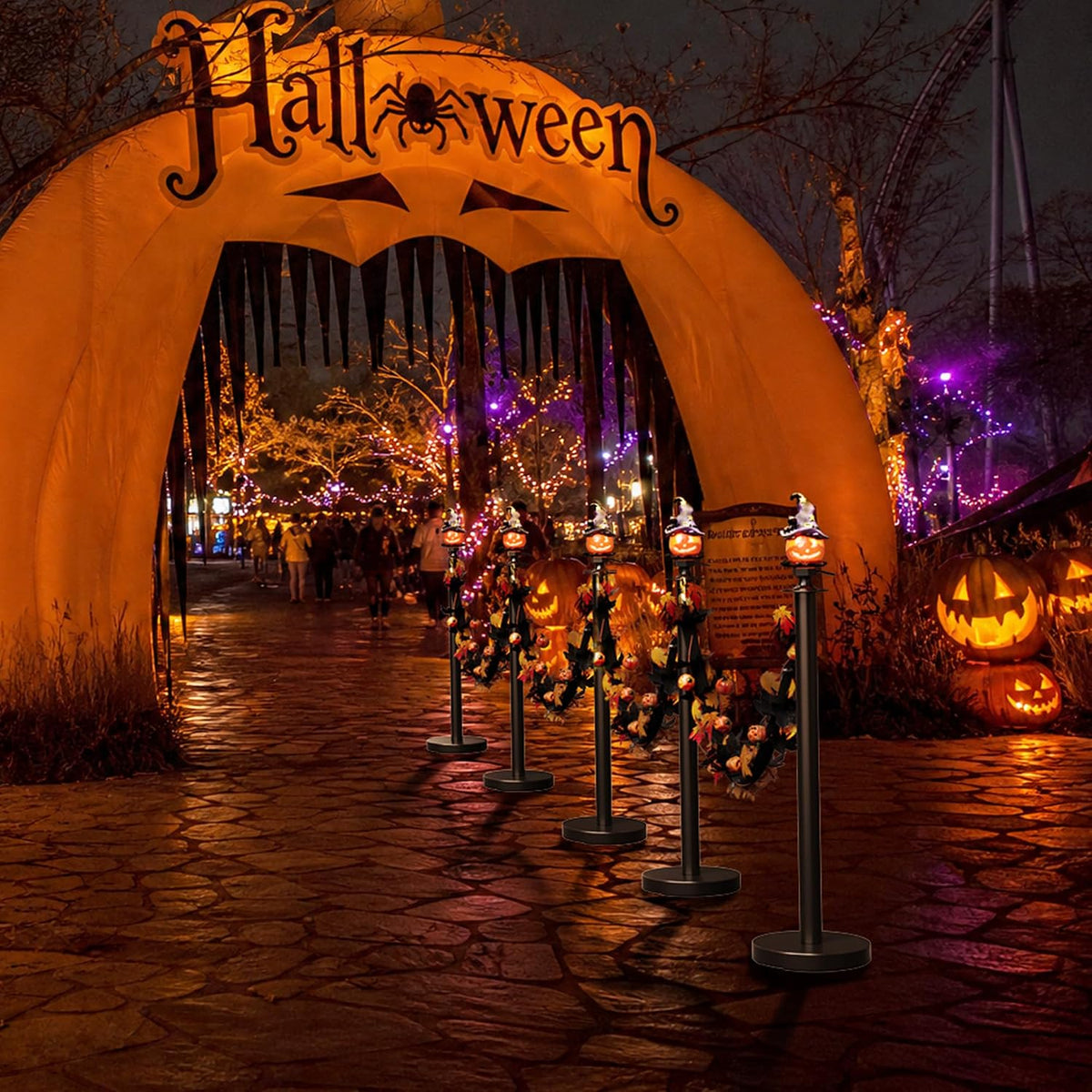 6 Pack Halloween Hat Pumpkin Head Black Stanchions and Velvet Ropes Set, Stainless Steel Crowd Control Barriers, 4Pcs Black Ropes and Poles for Party,Photobooth Accessories, Prom,Halloween Decorations