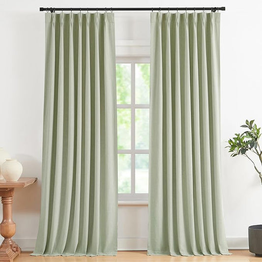 Vision Home Soft Green Pinch Pleated Full Blackout Curtains Linen Blended Room by VisionHome