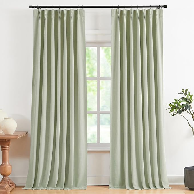 Vision Home Soft Green Pinch Pleated Full Blackout Curtains Linen Blended Room - Image 9