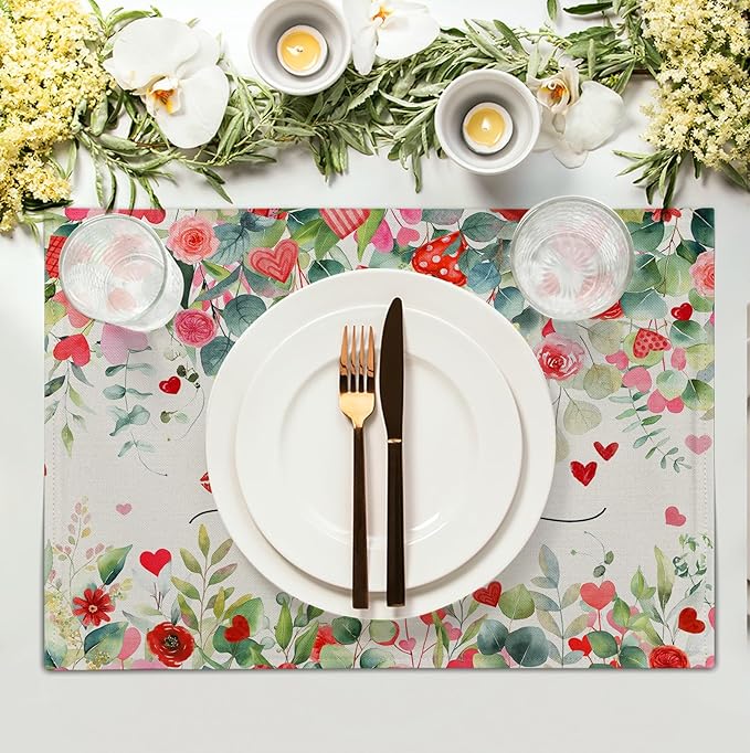 Valentines Day Love Heart Rose Placemats Set of 4 Valentine Eucalyptus Leaves - Image 2