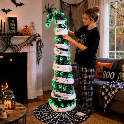 5FT Black Halloween Christmas Tree with 50 Eyeball Lights, Whimsical Pop Up Tree with Tree Skirt Battery Powered Built-in Timer Spider Decorations Stretchable Cobwebs, Indoor Outdoor Spooky Decor