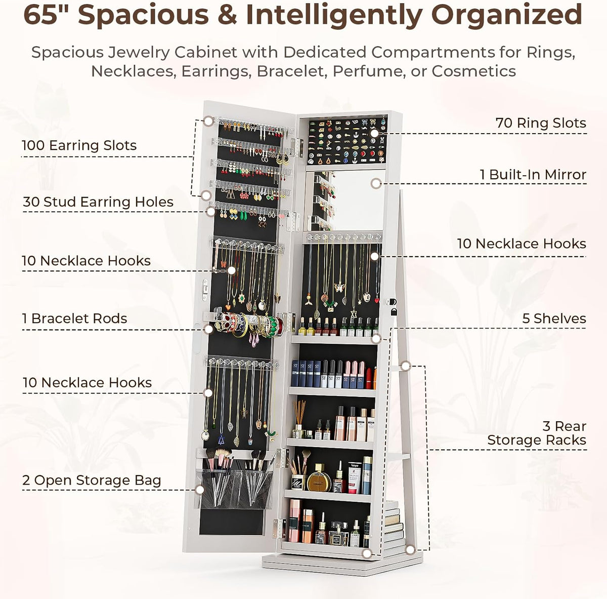 4-in-1 jewelry armoire with jewelry organizer storage, white, close-up detail
