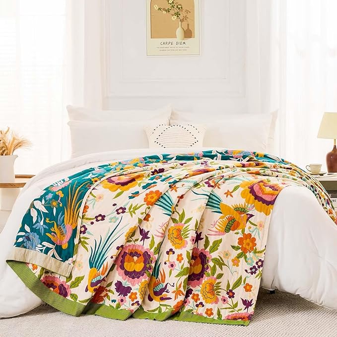 Boho Throw Blanket for Bed, 100% Cotton Soft Rustic Quilt Fall Blanket - Image 5