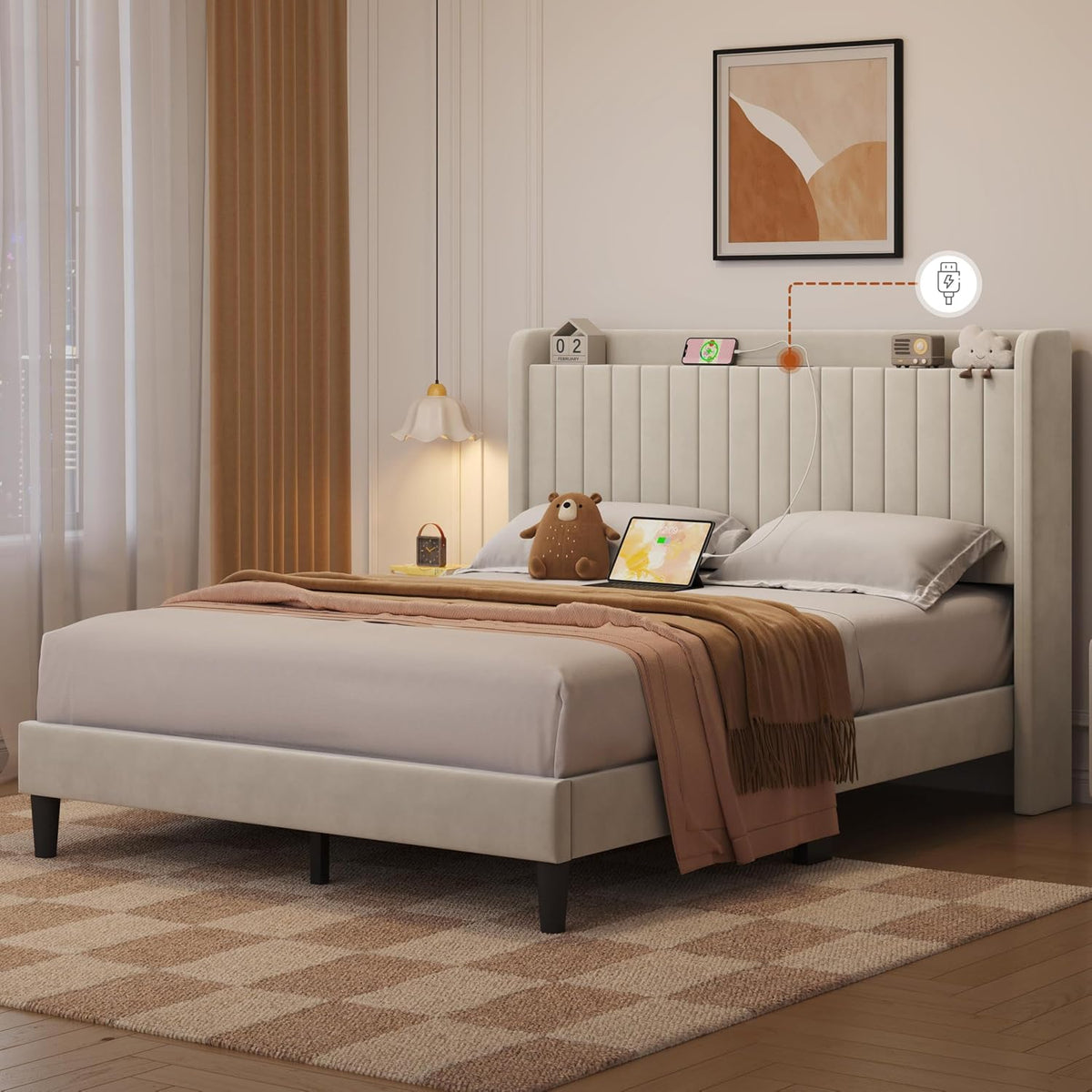 yaheetech queen bed frame with channel-tufted storage headboard, view 9