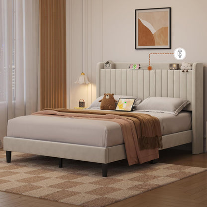 yaheetech queen bed frame with channel-tufted storage headboard, view 9