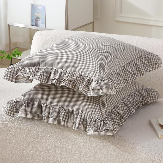 Aryeleay 2 Pack Brown White Plaid Gingham Ruffle Pillow Shams, 100% Washed - Image 2