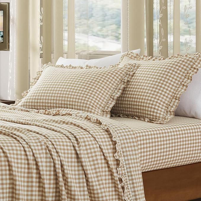 KKJIAF 2 Pcs Plaid Ruffle Pillow Case Standard Size, Cotton Gingham Ruffled - Image 3