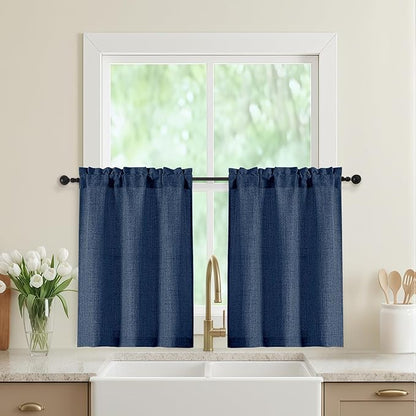 Navy Blue Kitchen Curtains 30 Inch Length 2 Panels, Light Filtering Farmhouse by WelvetBLK