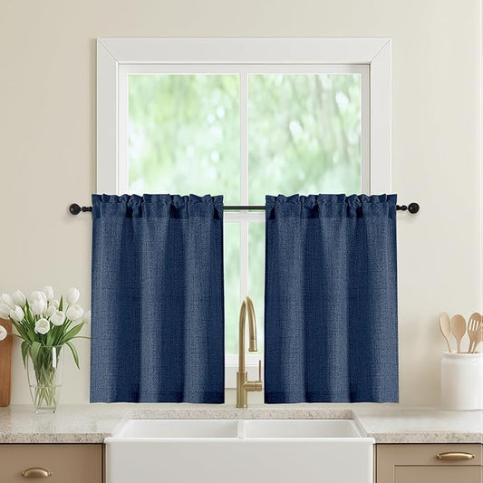 Navy Blue Kitchen Curtains 30 Inch Length 2 Panels, Light Filtering Farmhouse by WelvetBLK