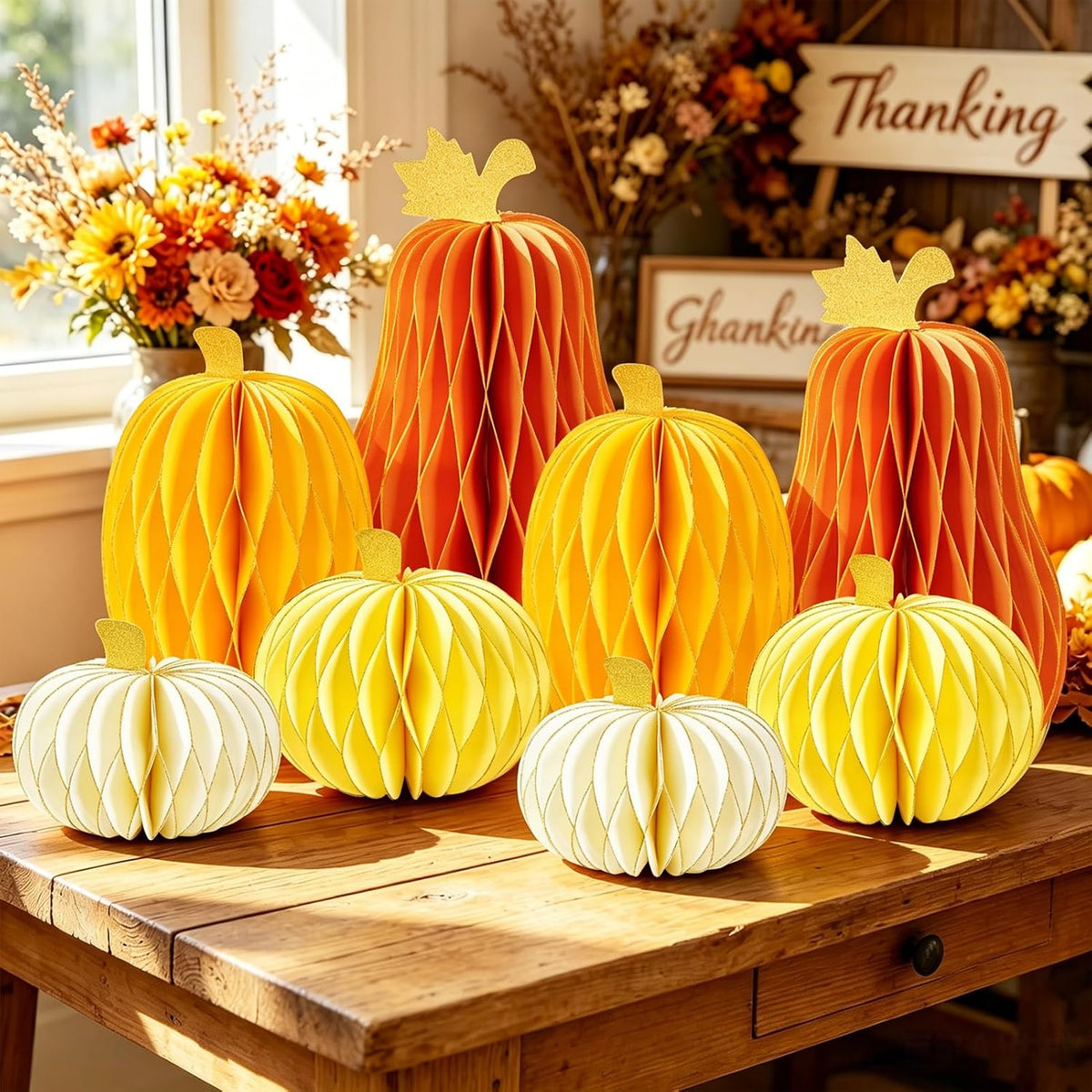 SUBEAUTY 8 PCS Pumpkin Honeycomb Centerpieces Fall Pumpkin Party Decoration Thanksgiving Centerpieces for Tables Orange Honeycomb Decorations for Halloween Autumn Festival Party Decor