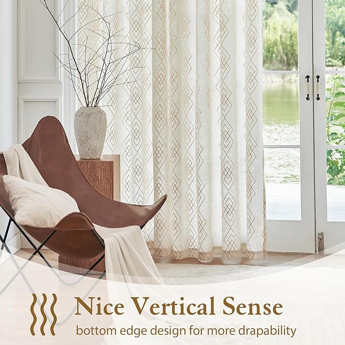Linen Boho Curtains for Bedroom, 96 Inches Long Curtains Gold Foil Metallic - Image 3