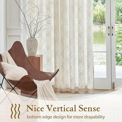 Linen Boho Curtains for Bedroom, 96 Inches Long Curtains Gold Foil Metallic - Image 3