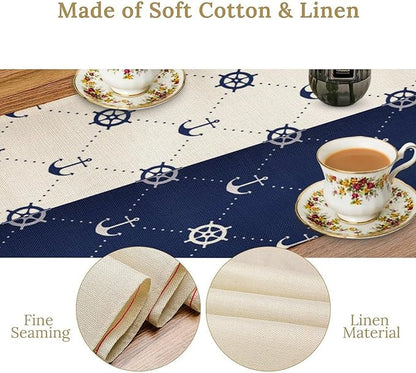 Nautical Compass Anchor Table Runner Vintage Navy Blue Coastal Sail Summer - Image 5