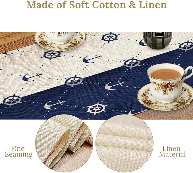 Nautical Compass Anchor Table Runner Vintage Navy Blue Coastal Sail Summer - Image 5