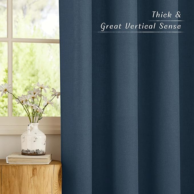 NICETOWN Semi Sheer Flax Linen Navy Blue Curtains 96 inches Long, Grommet Thick - Image 3