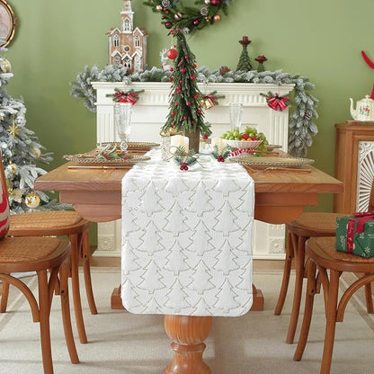 Christmas Trees White Soft Plush Faux Fur Jacquard Gold Sequin Glitter - Image 2