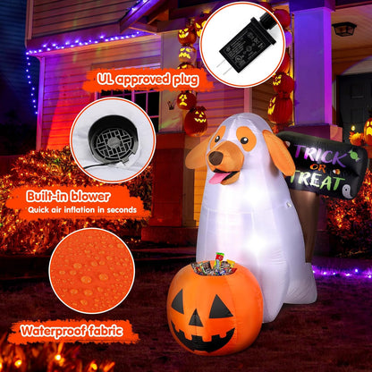 Halloween Inflatables Ghost Dog 4 FT Inflatable Halloween Dog with a Pumpkin Candy Holder Built-in LEDs Trick or Treat Yard Sign for Home Lawn Garden Party Indoor Outdoor Halloween Decor