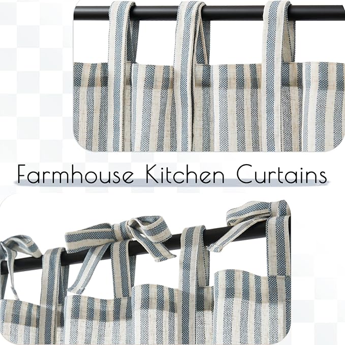 jinchan Tie Top Linen Kitchen Curtains 24 Inches Striped Tier Curtains - Image 7