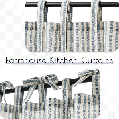 jinchan Tie Top Linen Kitchen Curtains 24 Inches Striped Tier Curtains - Image 7