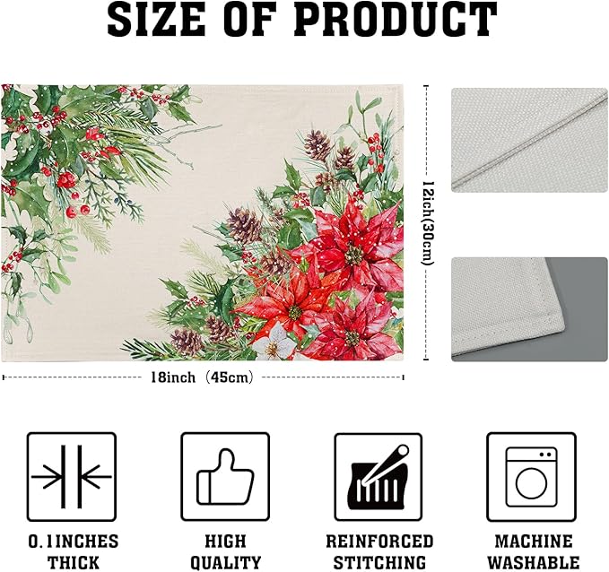 Giwawa Poinsettia Placemats Set of 4, 12x18 Inch Watercolor Christmas Red - Image 4