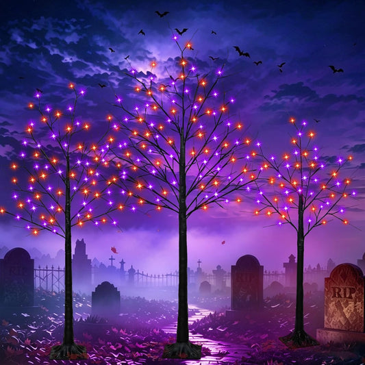 Set of 3 Lighted Black Halloween Tree Lights 4/5/6FT 300 LED Orange Purple