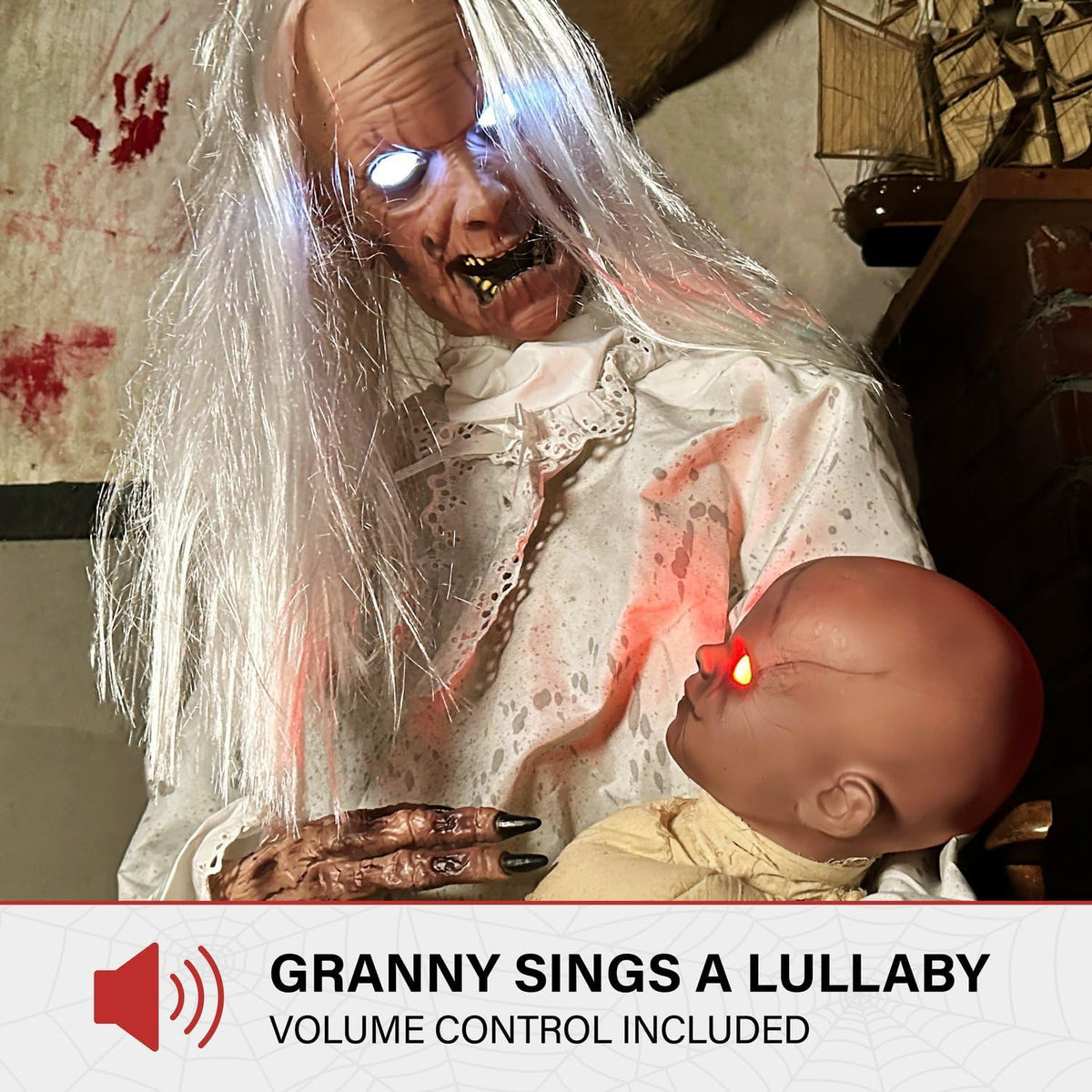 Haunted Hill Farm Life-Size 2.9-Ft Animatronic Gravely Granny by Tekky Halloween Decoration with Motion-Activated Sounds