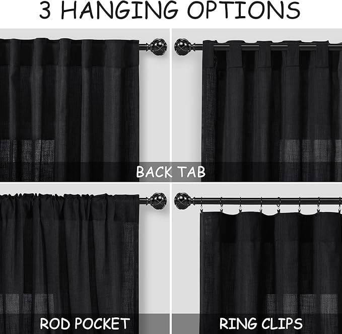 Nanspring Linen Kitchen Curtains 30 Inches Long Black Semi Sheer Short Curtains - Image 2