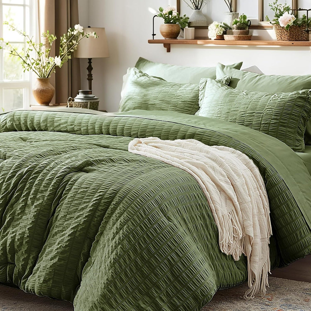 Full Size Comforter Sets 7 Piece, Olive Green Bed in a Bag Full Bedding Set