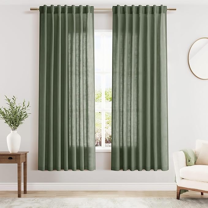Olive Green Linen Curtains 70 Inch Length 2 Panel Set Back Tab Rod Pocket Semi by Nanspring