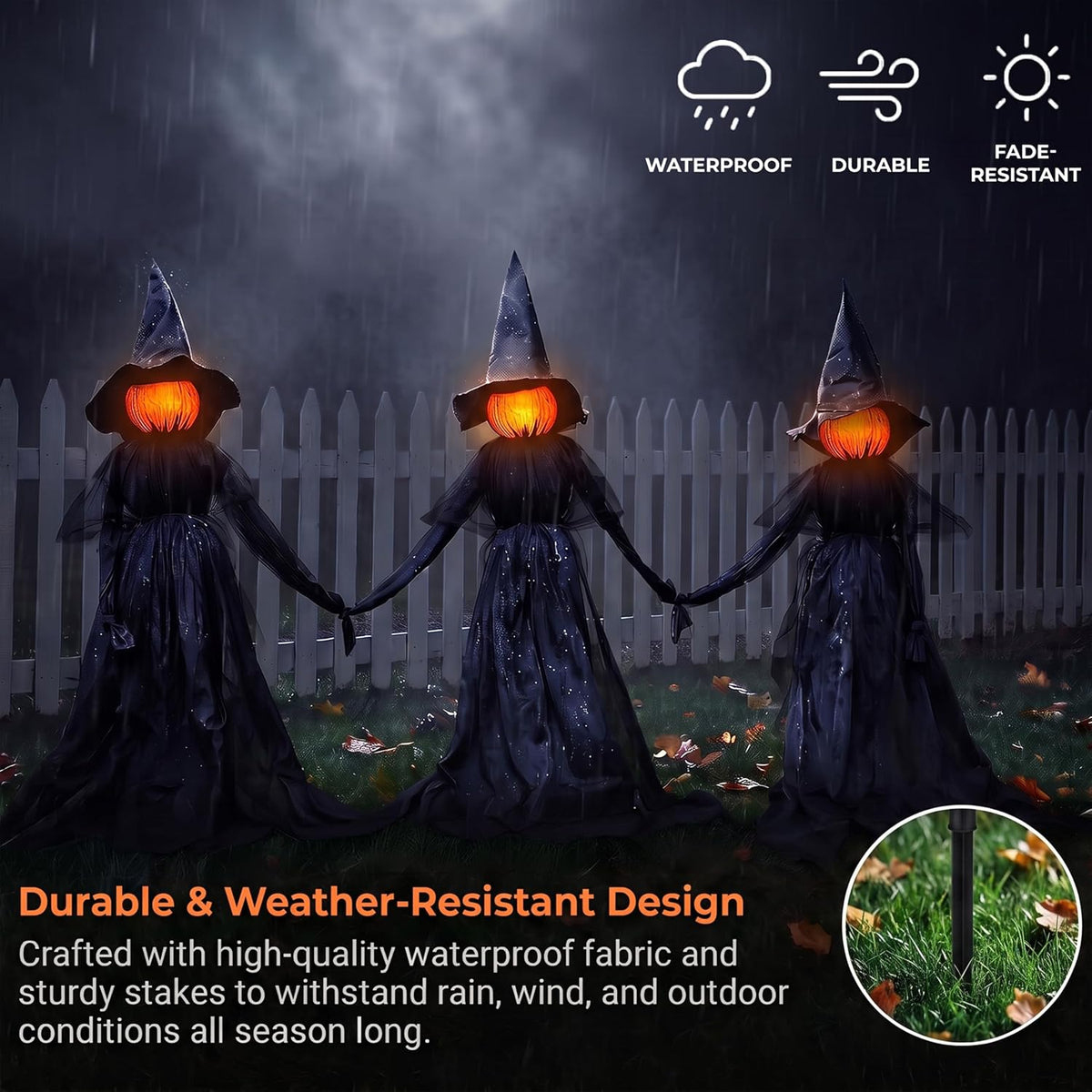 Evergreen Set of 3 LED Black Halloween Witches with Hats Stakes | 4 Feet Tall | Weatherproof Battery Operated | Spooky Garden Statue Outdoor Decoration Grass Lawn or Patio