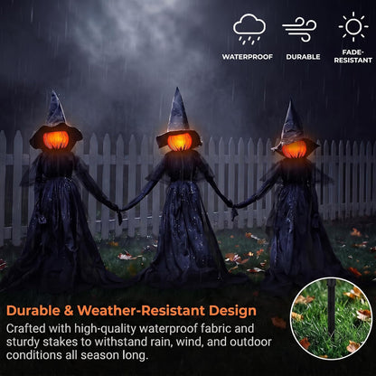 Evergreen Set of 3 LED Black Halloween Witches with Hats Stakes | 4 Feet Tall | Weatherproof Battery Operated | Spooky Garden Statue Outdoor Decoration Grass Lawn or Patio