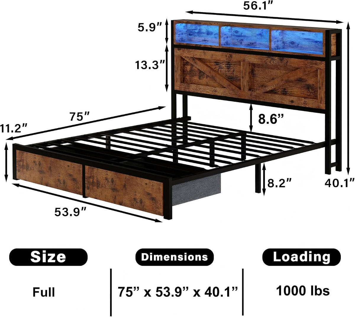 farmhouse full bed frame with storage bookcase headboard shown in use