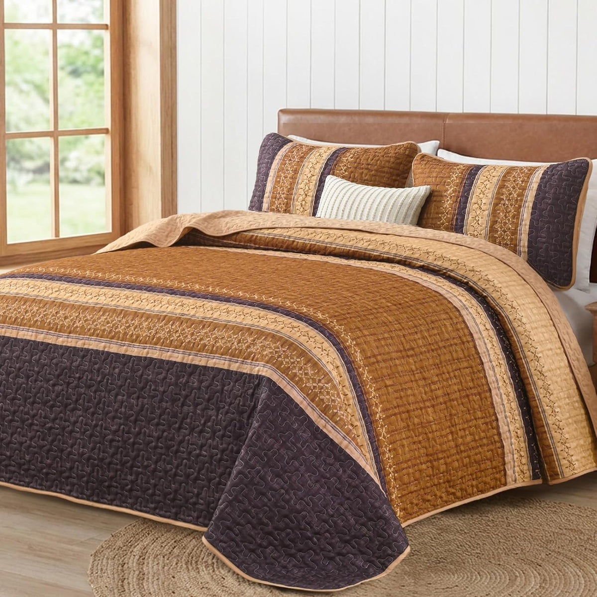 cottolester fall quilt set queen,burnt orange striped patchwork, main product view