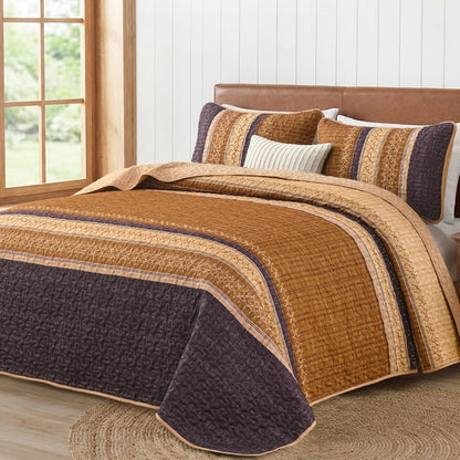 cottolester fall quilt set queen,burnt orange striped patchwork, main product view