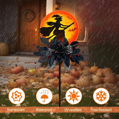 WAIU Solar Witch Scene Garden Stake Lights, Spooky Outdoor Yard Sign for Halloween Festive Decor