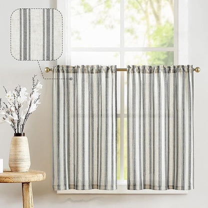 jinchan Striped Linen Kitchen Curtains 24 Inch Tiers Cafe Curtains Farmhouse by JINCHAN