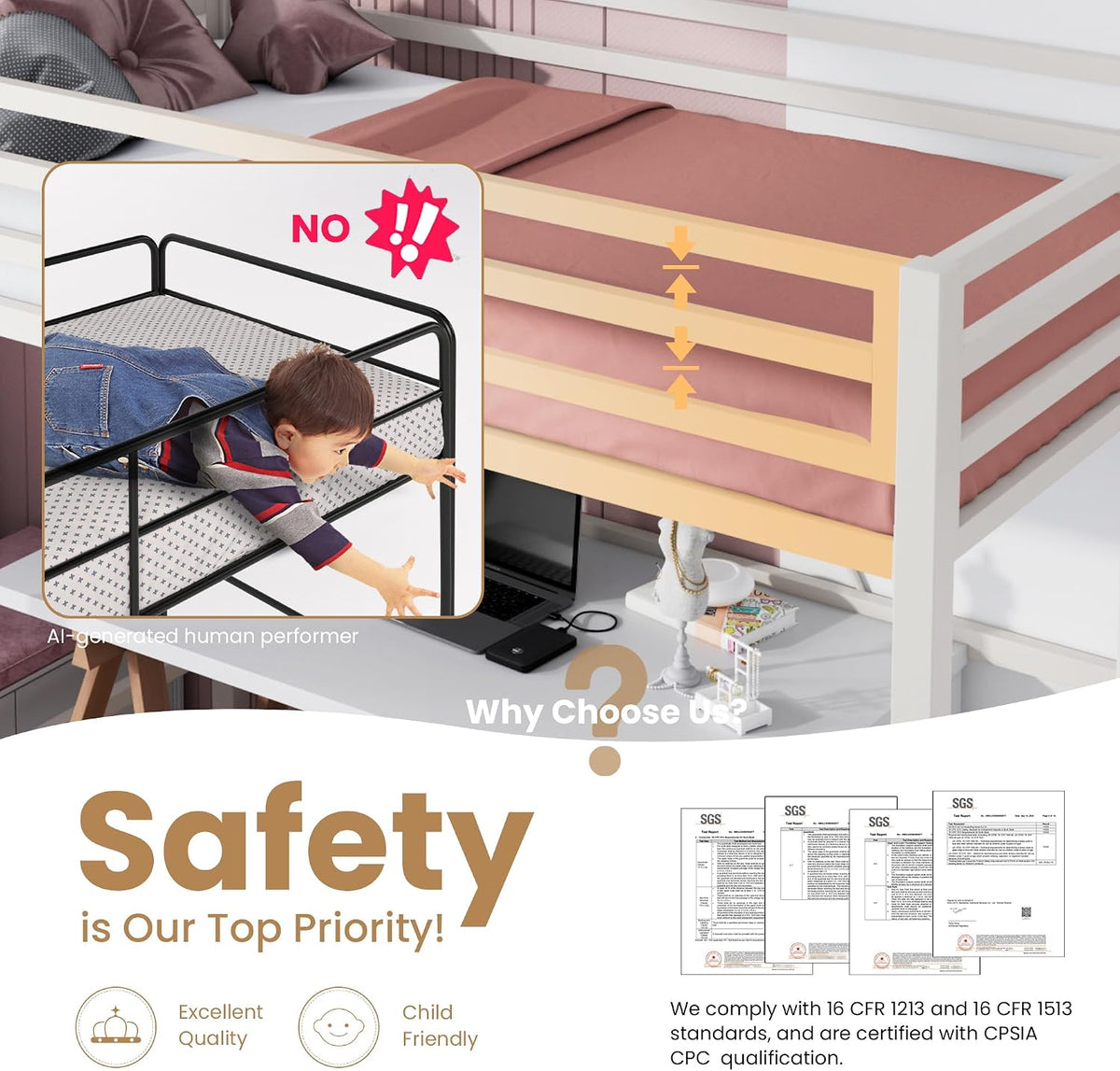 sha cerlin loft bed twin size with ladder, close-up detail