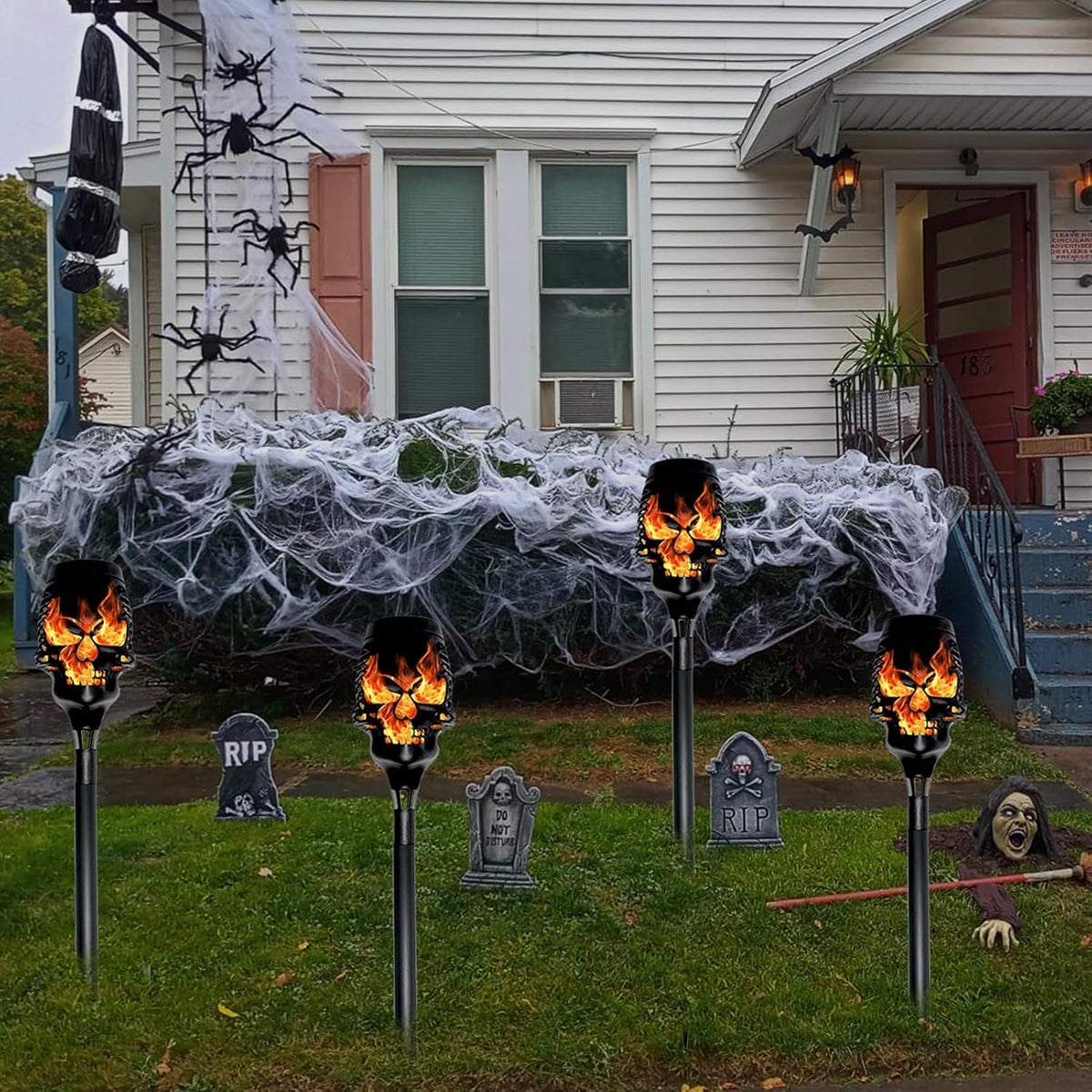 Halloween Solar Skull Stake Lights, Pathway Decor, 8 Pc, Orange