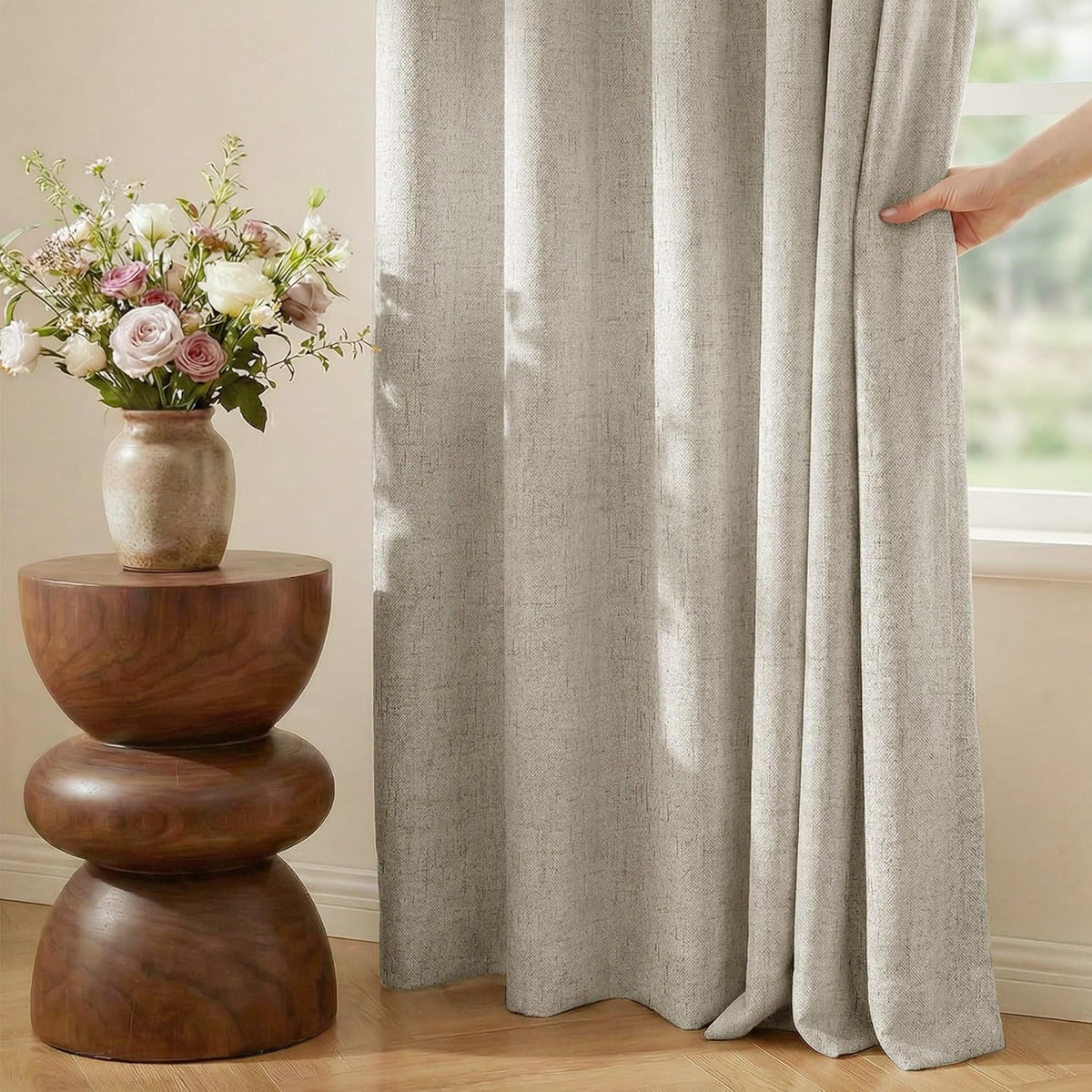 nicetown beige linen blackout curtains 84 inches long showing dimensions