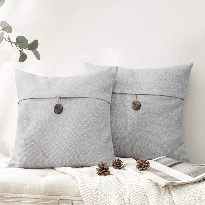 Phantoscope Pack of 2 Farmhouse Throw Pillow Covers Button Vintage Linen Solid by Phantoscope