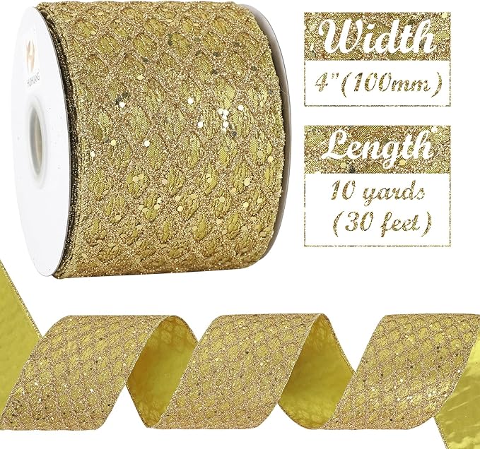 HUIHUANG Gold Glitter Wired Ribbon, 4 inch x 10 Yards, Geometric Pattern - Image 2