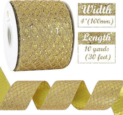 HUIHUANG Gold Glitter Wired Ribbon, 4 inch x 10 Yards, Geometric Pattern - Image 2