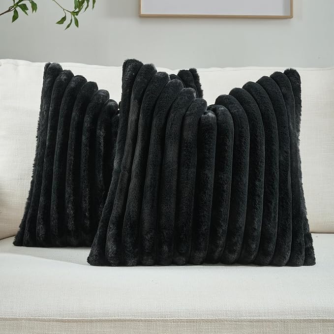 FUTEI Black Throw Pillow Covers Set of 2, 26x26 Inch Striped Texture Euro by FUTEI
