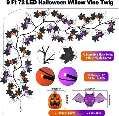 9FT 72 LED Halloween Willow Vine Twig Decor Black Halloween Garland with Pumpkin Bat Orange & Purple Light, 8 Modes Waterproof Battery Operated Halloween Lights Indoor Halloween Decorations Wall Table